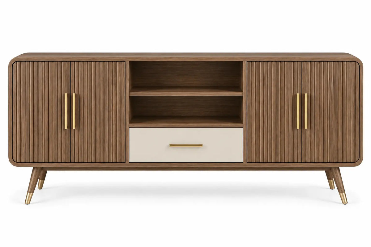 Mueble bajo para televisión con detalles de líneas verticales y estantes, marrón y blanco