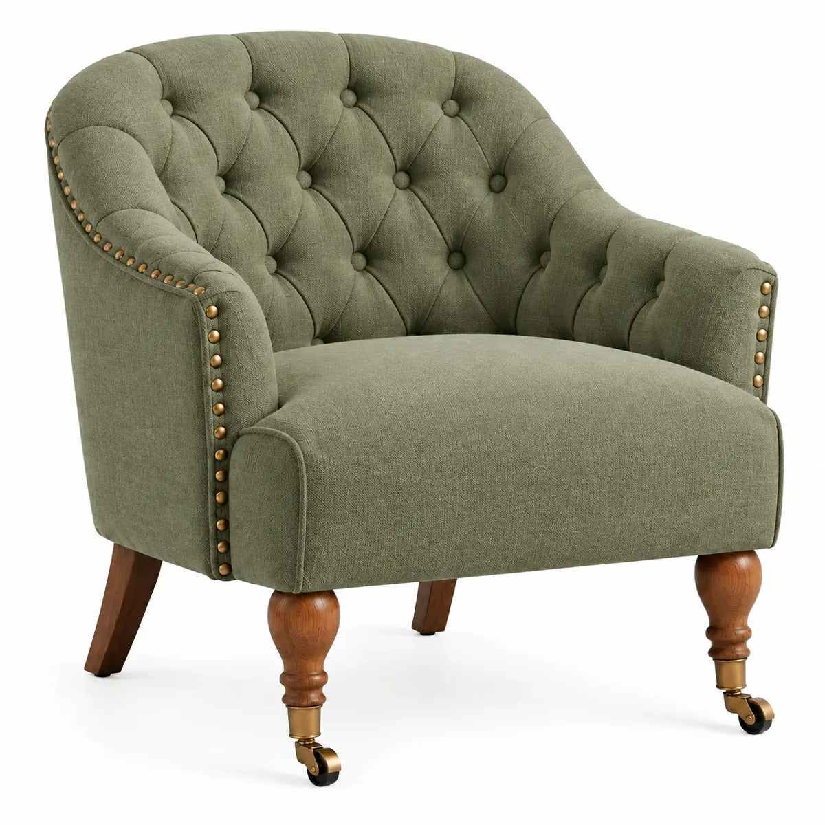 Sillón tapizado con botones decorativos, verde y marrón