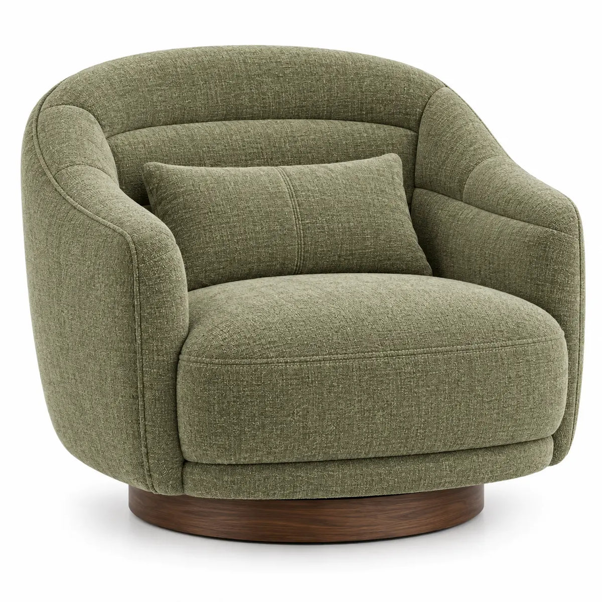 Sillón tapizado de líneas curvas de contorno redondeado, verde y marrón