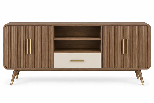 Mueble bajo para televisión con detalles de líneas verticales y estantes, marrón y blanco