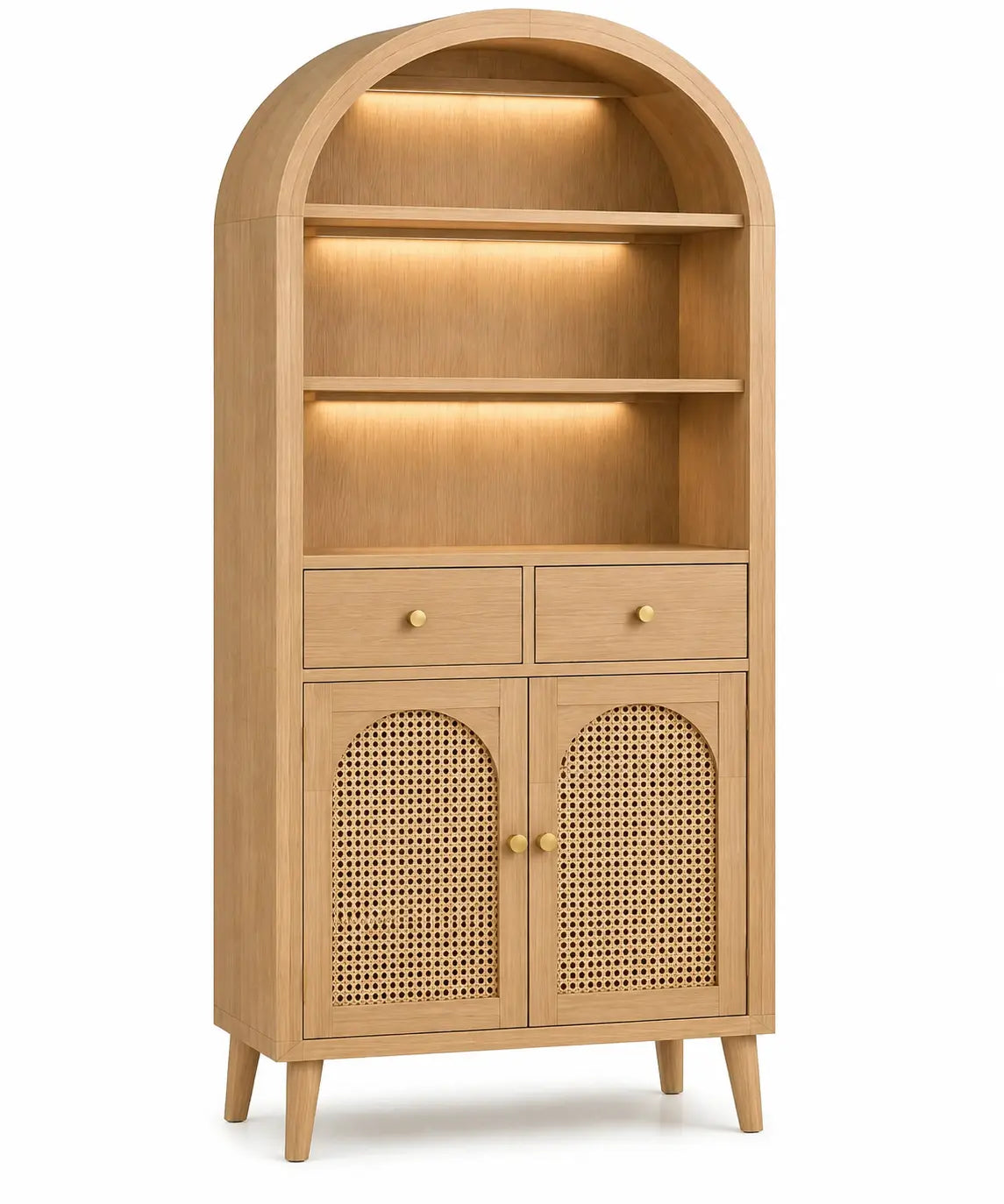 Estantería con almacenamiento con formas arqueadas y detalles de entramado, marrón