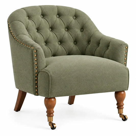 Sillón tapizado con botones decorativos, verde y marrón