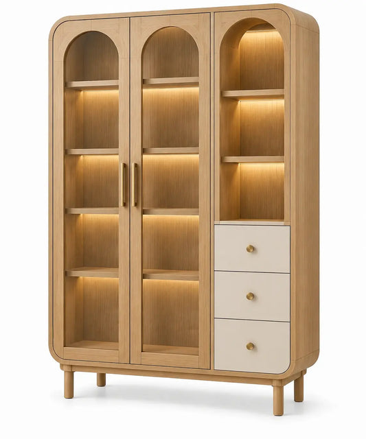 Armario de almacenamiento con formas arqueadas y puertas acristaladas, marrón y blanco