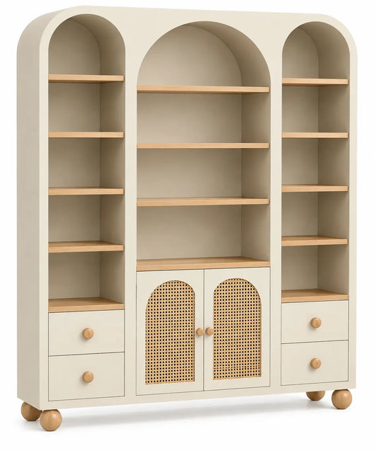 Estantería con almacenamiento con formas arqueadas y detalles de entramado, blanco y marrón