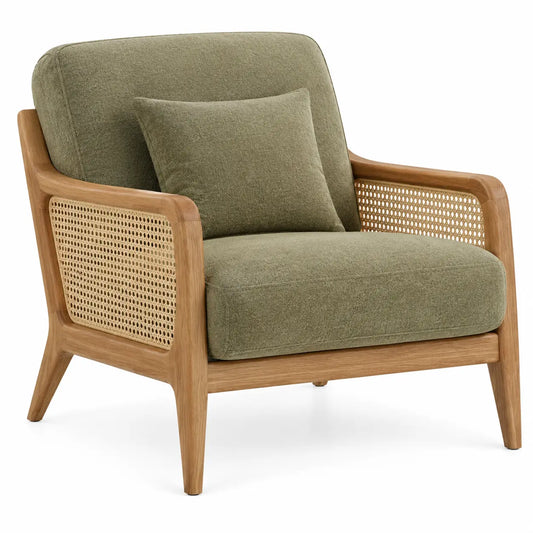 Sillón con estructura abierta con detalles de entramado, verde y marrón