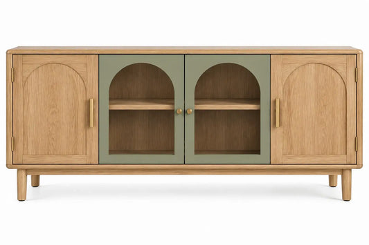 Aparador de almacenamiento con formas arqueadas y puertas acristaladas, marrón y verde